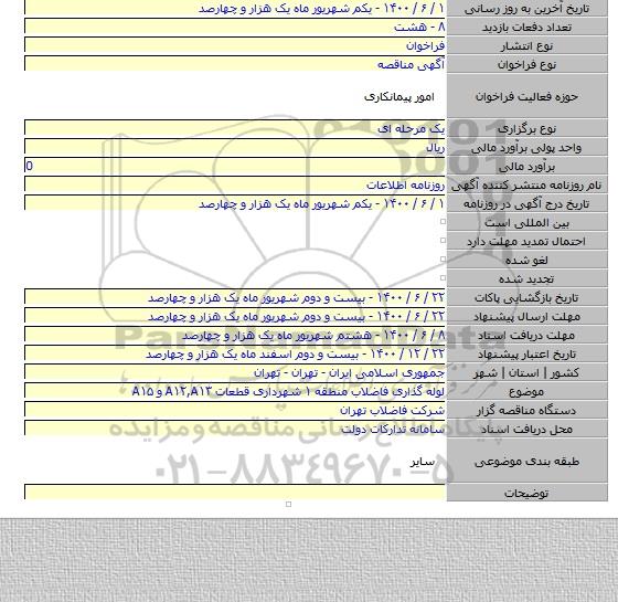 لوله گذاری فاضلاب منطقه ۱ شهرداری قطعات A۱۲,A۱۳ و A۱۵