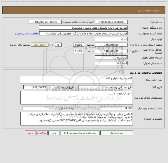 استعلام گان بیمار با شلوار و کلاه