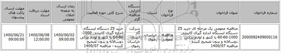 مناقصه عمومی یک مرحله ای خرید 25 دستگاه ایستگاه اندازه گیری کابینتی 1000-60-60 با کنتور و لوازم یدکی دوسالانه و بدون تصحیح کننده - مناقصه 1400/07