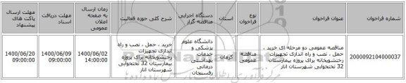 مناقصه عمومی دو مرحله ای خرید ، حمل ، نصب و راه اندازی تجهیزات رختشویخانه برای پروژه بیمارستان 32 تختخوابی شهرستان انار