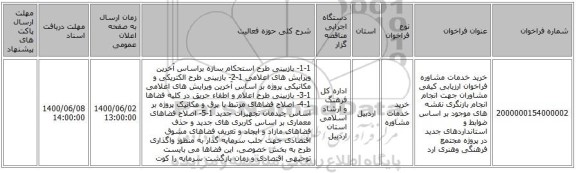خرید خدمات مشاوره فراخوان ارزیابی کیفی مشاوران جهت انجام انجام بازنگری نقشه های موجود بر اساس ضوابط و استانداردهای جدید در پروژه مجتمع فرهنگی وهنری ارد