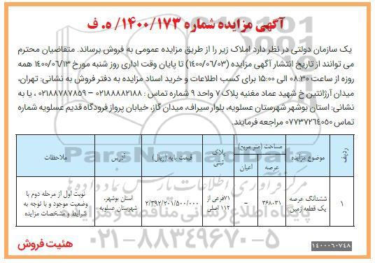 مزایده،مزایده فروش ششدانگ عرصه یک قطعه زمین 368.31