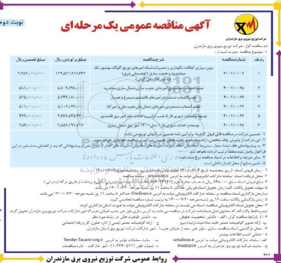 مناقصه، مناقصه  برون سپاری اتفاقات، نگهداری و تعمیرات شبکه  و... - نوبت دوم