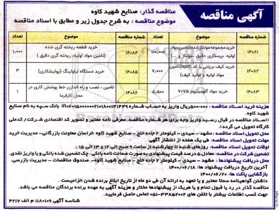 مناقصه، مناقصه خرید مجموعه مونتاژ شده (تامین مواد اولیه، پرسکاری، دقیق، مونتاژ و...).... 