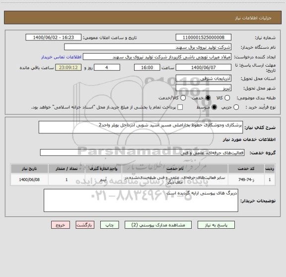 استعلام برشکاری وجوشکاری خطوط بخاراصلی مسیر اسید شویی ادرداخل بویلر واحد2