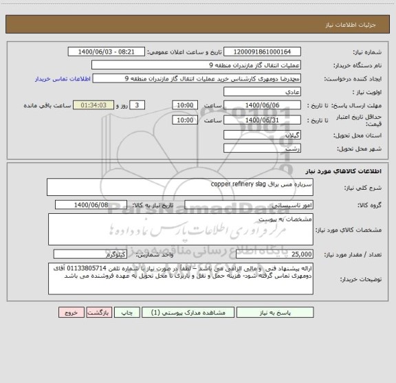 استعلام سرباره مس براق copper refinery slag