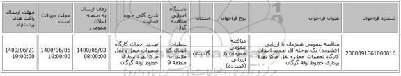 مناقصه عمومی همزمان با ارزیابی (فشرده) یک مرحله ای تجدید احداث کارگاه تعمیرات حمل و نقل مرکز بهره برداری خطوط لوله گرگان