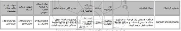مناقصه عمومی یک مرحله ای موضوع مناقصه: حمل آسفالت و مصالح مخلوط سنگی  طبق برآورد اولیه.