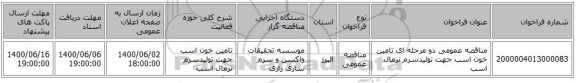مناقصه عمومی دو مرحله ای تامین خون اسب جهت تولیدسرم نرمال اسب