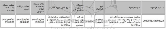 مناقصه عمومی دو مرحله ای رفع اشکالات و راه‌اندازی مجدد سیستم مشترک و واحد 2 توربین انبساطی نیروگاه نکا