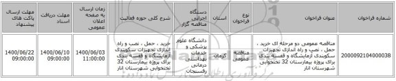 مناقصه عمومی دو مرحله ای خرید ، حمل ، نصب و راه اندازی تجهیزات سکوبندی آزمایشگاه و قفسه بندی برای پروژه بیمارستان 32 تختخوابی شهرستان انار 