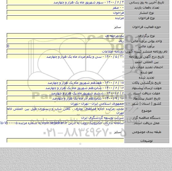 تجدید مزایده اجاره فضاهای تجاری ، کافی شاپ و رستوران هتل بین المللی لاله تهران