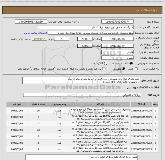 استعلام خرید نقدی انواع پایه سیمانی چهارگوش و گرد به همراه عقد قرارداد 
اخذ ضمانت نامه بانکی (10 درصد)