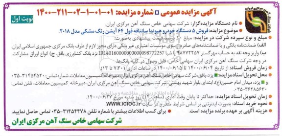 مزایده، مزایده فروش 5 دستگاه خودرو هیوندا سانتافه 