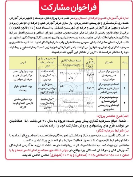 فراخوان مشارکت در پروژه های مرمت و تجهیز مرکز آموزش هتلداری، گردشگری و توریستی 