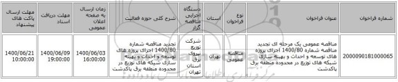 مناقصه عمومی یک مرحله ای تجدید مناقصه شماره 1400/80 اجرای پروژه های توسعه و احداث و بهینه سازی شبکه های توزیع در محدوده منطقه برق پاکدشت