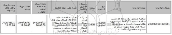 مناقصه عمومی یک مرحله ای تجدید مناقصه شماره 1400/71 اجرای پروژه های توسعه و احداث و بهینه سازی شبکه های توزیع بصورت شناور در محدوده منطقه برق پاکدشت