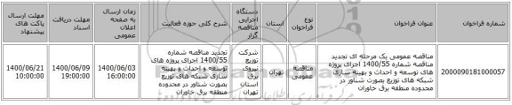 مناقصه عمومی یک مرحله ای تجدید مناقصه شماره 1400/55 اجرای پروژه های توسعه و احداث و بهینه سازی شبکه های توزیع بصورت شناور در محدوده منطقه برق خاوران