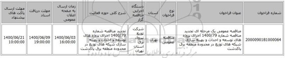 مناقصه عمومی یک مرحله ای تجدید مناقصه شماره 1400/79 اجرای پروژه های توسعه و احداث و بهینه سازی شبکه های توزیع در محدوده منطقه برق پاکدشت