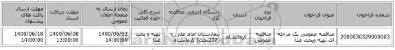 مناقصه عمومی یک مرحله ای تهیه وپخت غذا