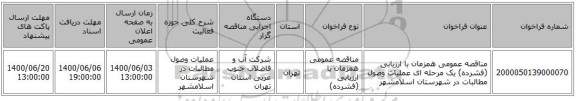 مناقصه عمومی همزمان با ارزیابی (فشرده) یک مرحله ای عملیات وصول مطالبات در شهرستان اسلامشهر
