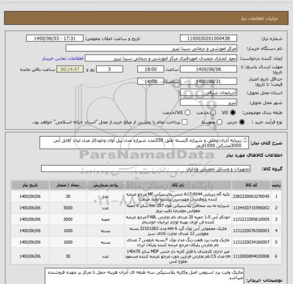 استعلام زیرپایه آذران وطلق و شیرازه 5بسته طلق 250عدد شیرازه مدل پیل آوان وخودکار مدل لیان /فابل آبی 3000مشکی 1000قرمز
 ماژیک معمولی مدل اسنومن اصل  الوان 