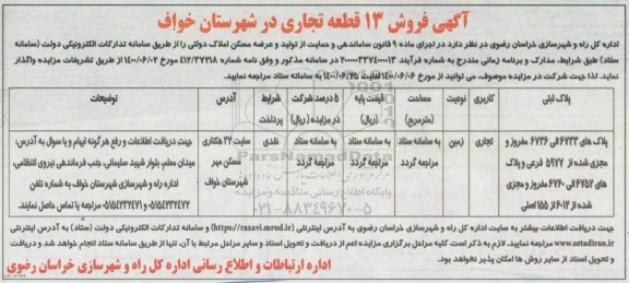 مزایدهمزایده فروش 13 قطعه تجاری 