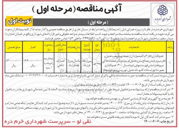 مناقصه، مناقصه جدولگذاری (فاز 2) با کلیه موارد آن از جمله تهیه و نصب جدول و... 