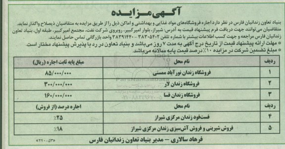 مزایده اجاره فروشگاههای مواد غذایی و بهداشتی و اماکن