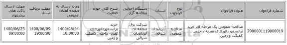 مناقصه عمومی یک مرحله ای خرید ترانسفورماتورهای تغذیه داخلی کمپکت و زمین 