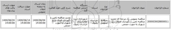 مناقصه عمومی یک مرحله ای تجدید مناقصه تامین و نگهداری فضای سبز شهری به صورت حجمی