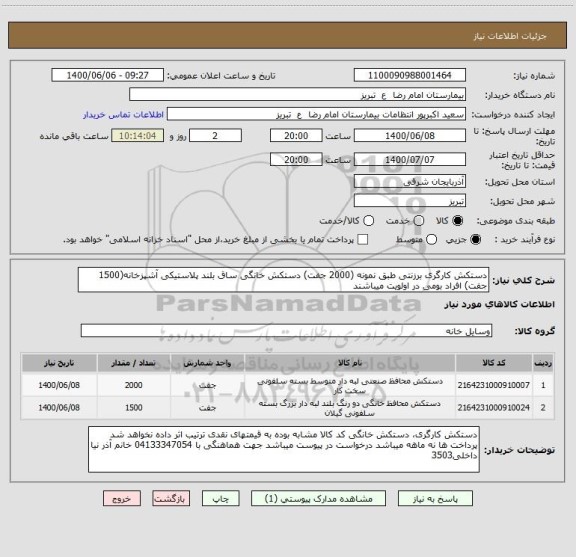 استعلام دستکش کارگری برزنتی طبق نمونه (2000 جفت) دستکش خانگی ساق بلند پلاستیکی آشپزخانه(1500 جفت) افراد بومی در اولویت میباشند