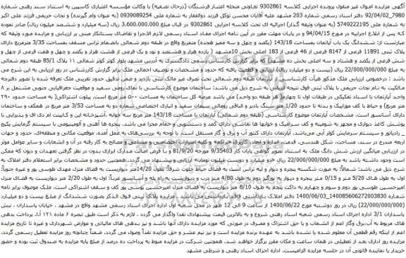 مزایده فروش ششدانگ یک باب آپاتمان بمساحت 143/18