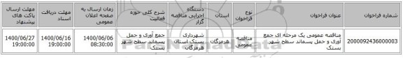 مناقصه عمومی یک مرحله ای جمع آوری و حمل پسماند سطح شهر بستک 