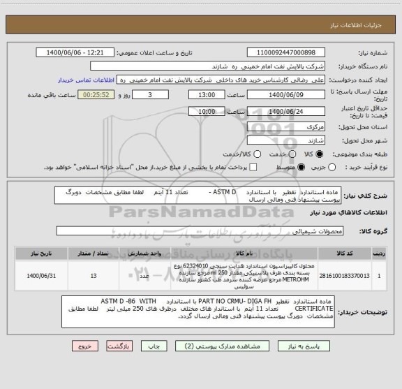 استعلام  ماده استاندارد  تقطیر   با استاندارد     ASTM D -          تعداد 11 آیتم     لطفا مطابق مشخصات  دوبرگ پیوست پیشنهاد فنی ومالی ارسال 