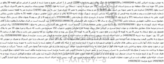 مزایده فروش 6 دانگ پلاک ثبتی به شماره 15388 فرعی