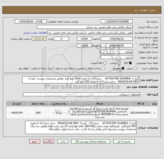 استعلام آیتم 1- ACTIVATED ALUMINA    سایز 5-2  به مقدار 2000 کیلو گرم  مطابق مشخصات پیوست  آیتم 2- MOLECULAR SIEV   سایز سایز 3-2 به مقدار 500 کیلو گرم  