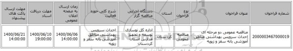مناقصه عمومی دو مرحله ای احداث سرویس بهداشتی مناطق آموزشی بانه سقز و زیویه 