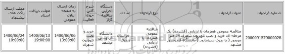 مناقصه عمومی همزمان با ارزیابی (فشرده) یک مرحله ای خرید و نصب تلویزیون شهری 24 متر مربعی ( با صوت سینمایی ) دانشگاه فردوسی مشهد