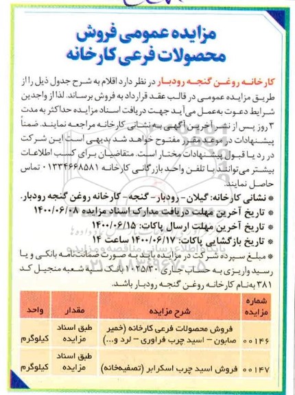 مزایده فروش محصولات فرعی کارخانه