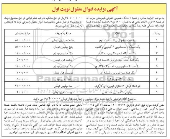 مزایده،مزایده فروش یک عدد یخچال برفاب دست دوم و...