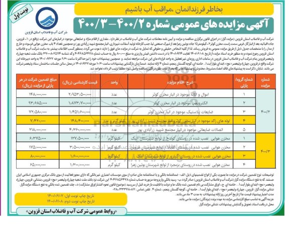 مزایده عمومی اموال و اثاثه موجود در انبار و...