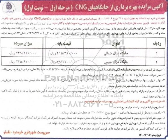 مزایده بهره برداری از جایگاههای CNG