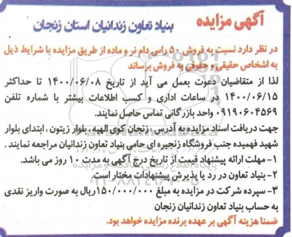 مزایده فروش 50 راس دام نر و ماده 