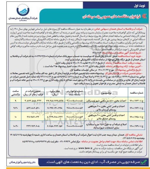 فراخوان مناقصه احداث مخزن 5000 مترمکعبی و... 