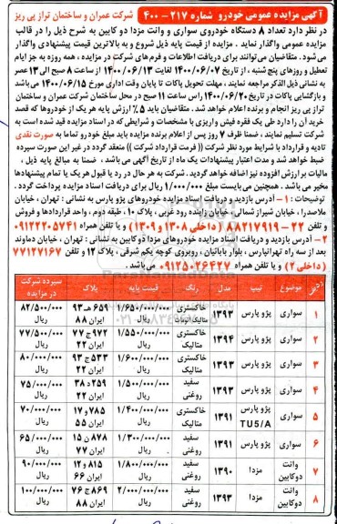 مزایده، مزایده فروش تعداد 8 دستگاه خودروی سواری و وانت مزدا دو کابین