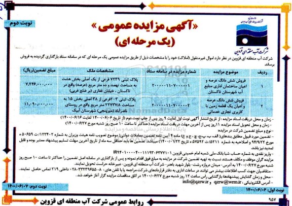 آگهی مزایده مزایده فروش ششدانگ عرصه اعیان ساختمان و زمین نوبت دوم 