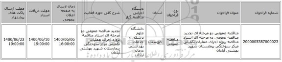 مناقصه عمومی دو مرحله ای تجدید مناقصه  عمومی دو مرحله ای اسناد مناقصه پروژه اجرای عملیات تکمیلی مرکز  سوختگی بیمارستان شهید بهشتی آبادان   