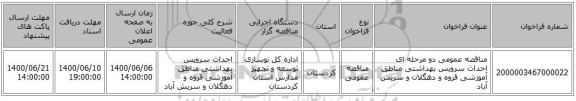 مناقصه عمومی دو مرحله ای احداث سرویس بهداشتی مناطق آموزشی قروه و دهگلان و سریش آباد 