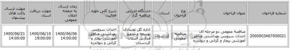 مناقصه عمومی دو مرحله ای احداث سرویس بهداشتی مناطق آموزشی بیجار و کرانی و دیواندره 